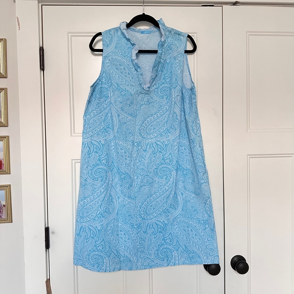 J McLaughlin Dress Womens Large‎ Ruffle Neck Sleeveless Shift Aqua Poplin Cotton